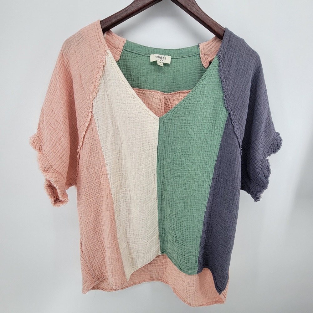 Umgee USA Womens Cotton Gauze Colorblock V-Neck Top Short Sleeve Boho Pink M